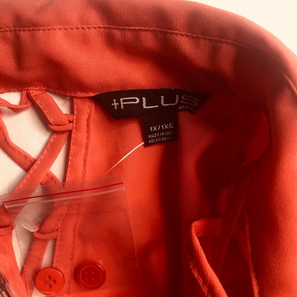 Plus Moda women coral longsleeve button down semi sheer high low shirt tail - Picture 6 of 10